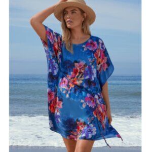 Johnny Was Summer Days Mini Dress w/Braided Tie, Blue Floral, Size Large